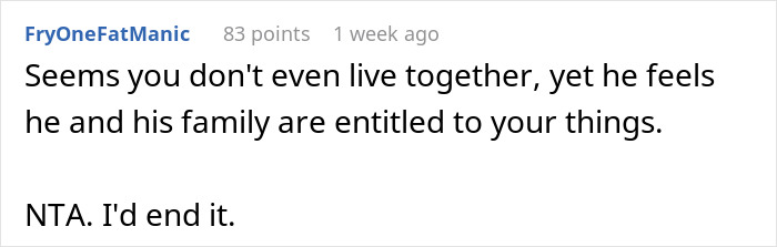 Reddit comment discussing entitlement in a relationship, advising to end it.