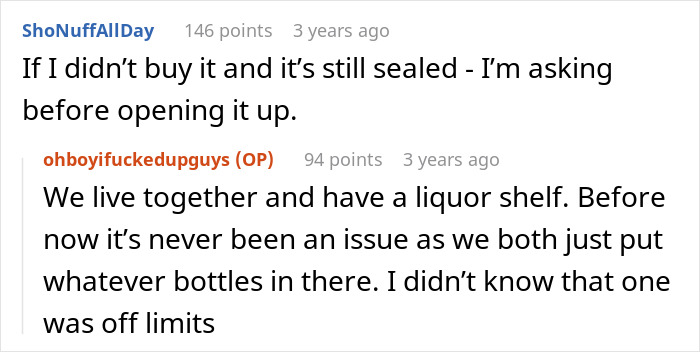 Reddit comments discussing aged scotch shared on a liquor shelf, highlighting a misunderstanding over expensive bottles.