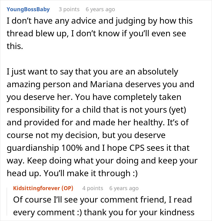 Reddit thread comment praising a woman for taking responsibility of a friend's daughter.