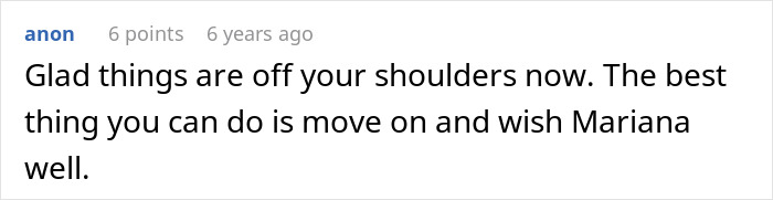 Comment about woman leaving friend to babysit daughter, referring to moving on and wishing Mariana well.