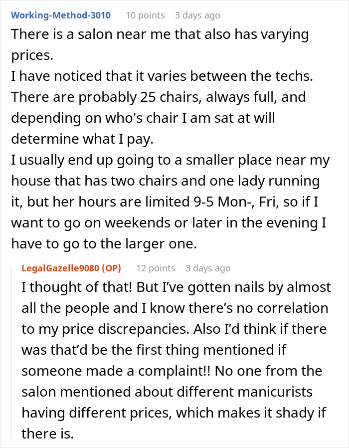 Customer vents about nail salon prices in an online discussion, sharing experiences and frustrations about pricing discrepancies.