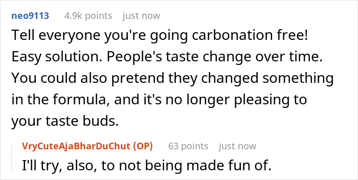 Reddit comments discussing faked liking of sparkling water with humorous advice and responses.