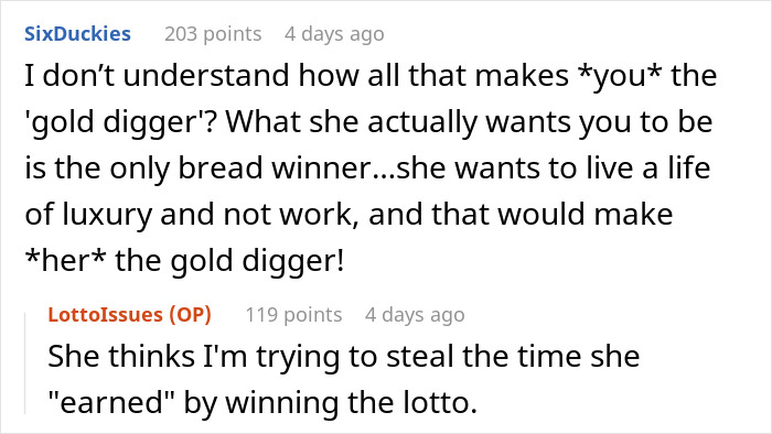 Reddit discussion about sharing lotto winnings and relationship dynamics.