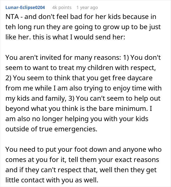 Text discussing reasons a woman refuses to invite her entitled sister to Easter vacation.