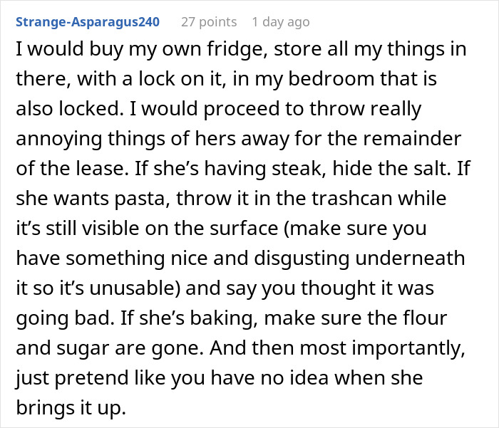 Text detailing a plan to stop a roommate from stealing food by setting up various traps and countermeasures.