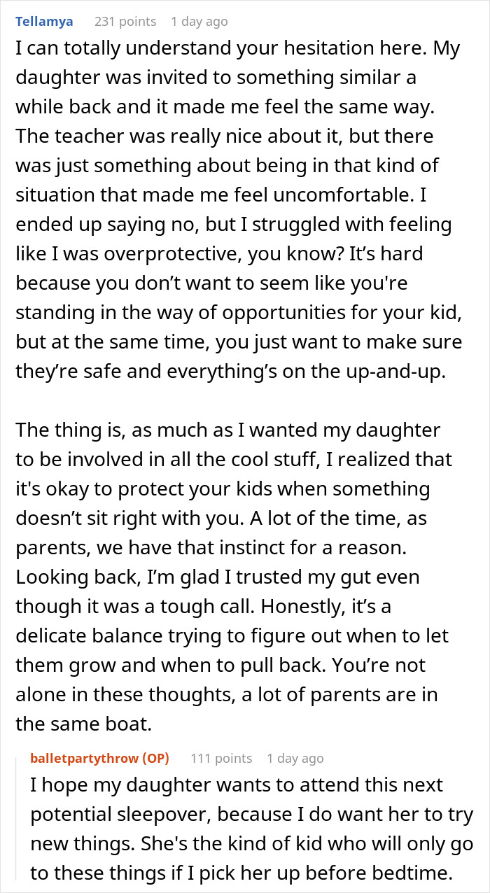 Text conversation between parents discussing a dance teacher&rsquo;s sleepover invite and feelings of unease.