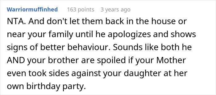 Comment discussing spoiled behavior at a birthday party with a focus on apology and better behavior.