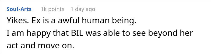 Comment about BIL and ex, expressing relief over BIL's ability to move on.