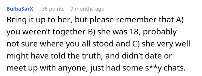 Comment discussing a relationship issue regarding honesty in marriage.