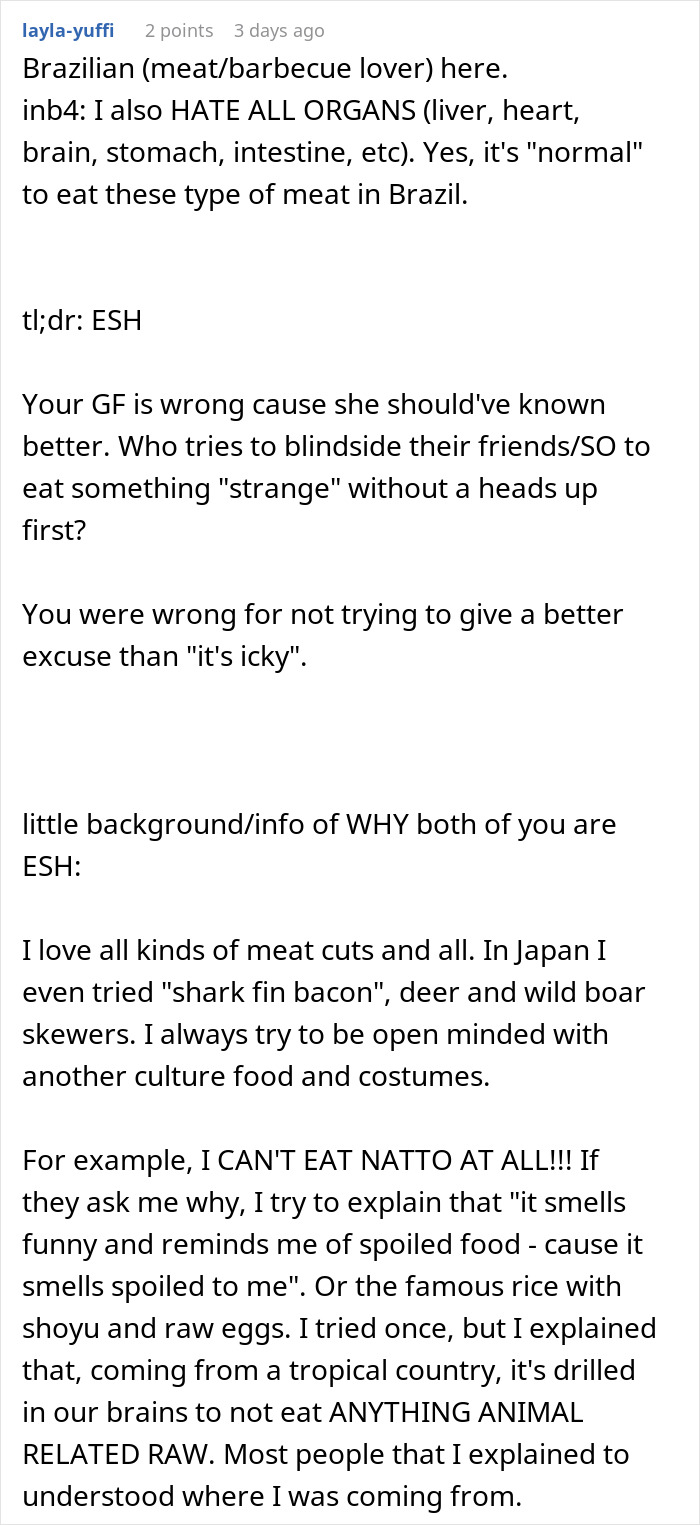 Reddit comment discussing cultural food preferences and reactions to organ meats.