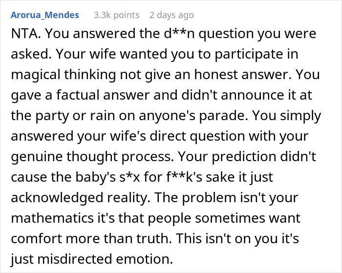 Screenshot of a Reddit comment discussing a guy using statistics to predict his pregnant friend's baby gender, causing tension.