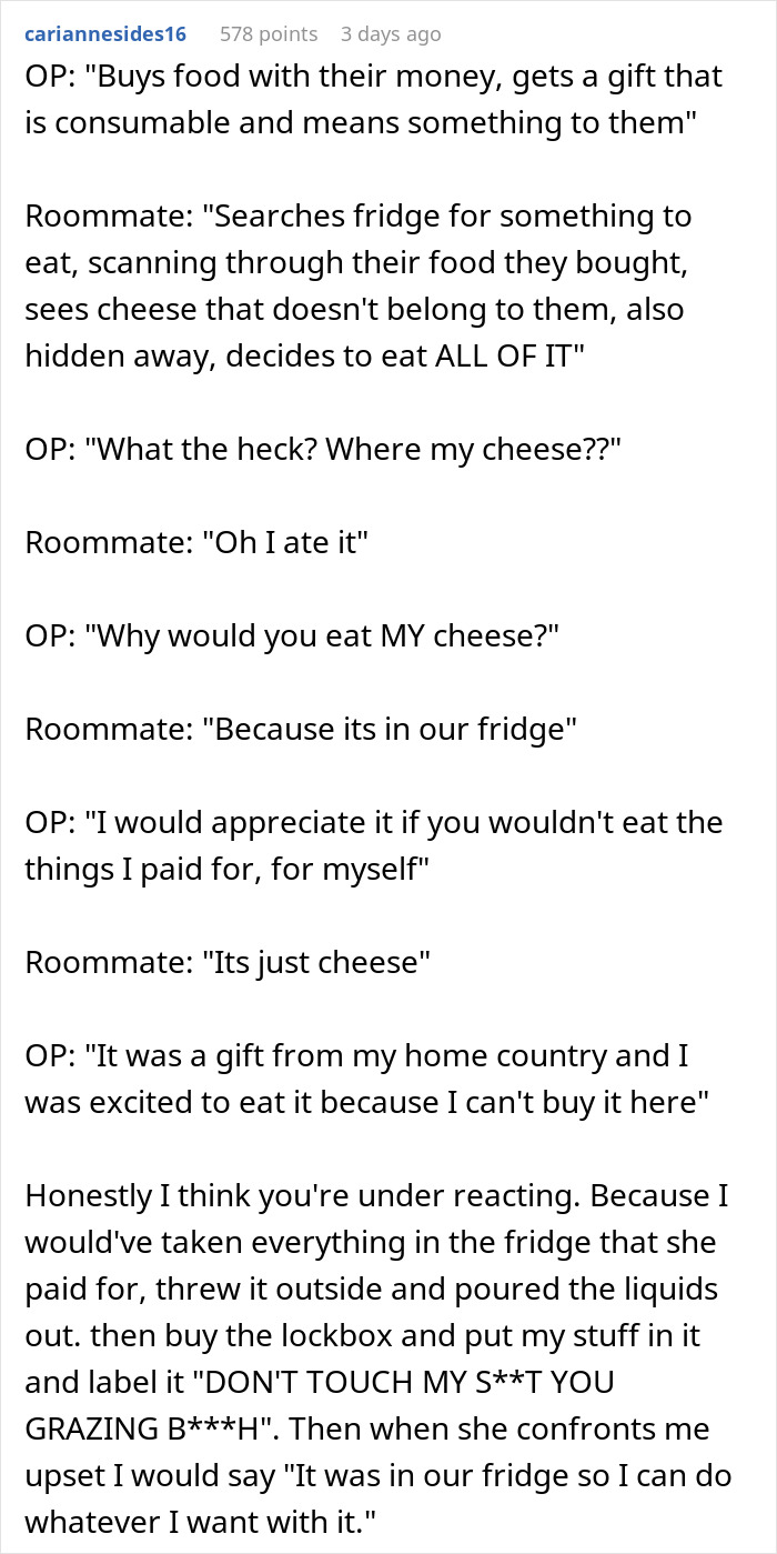 Text exchange about a roommate stealing cheese, leading to a lockbox purchase for fridge security.