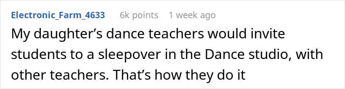 Reddit comment about a dance teacher's sleepover invite at a studio, posted by Electronic_Farm_4633.