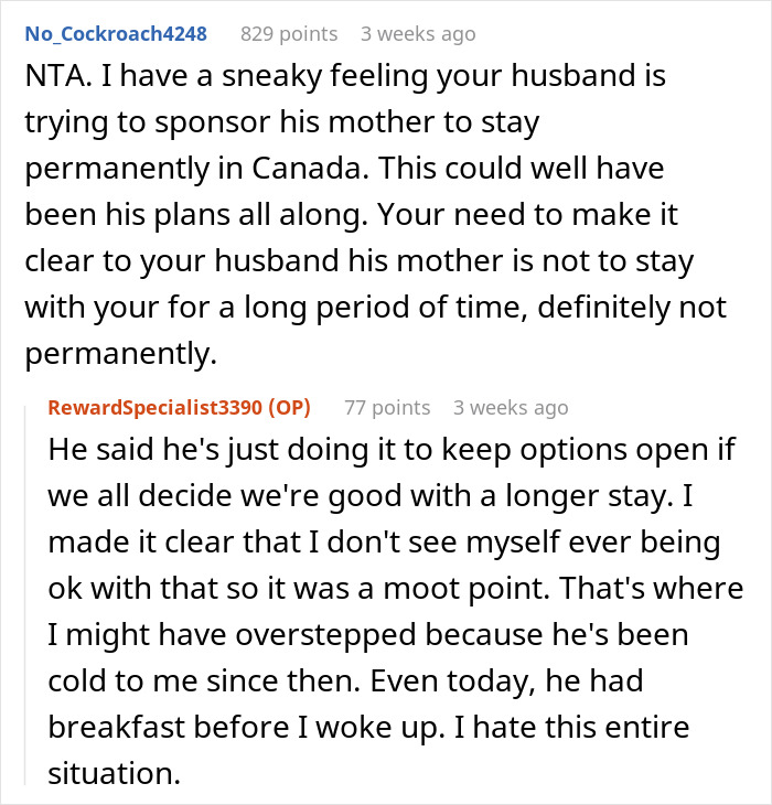 Reddit discussion on mother-in-law expecting extended stay. Concerns about husband's plans for her permanent residence. Reddit discussion on mother-in-law expecting extended stay. Concerns about husband's plans for her permanent residence.