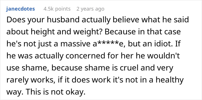 Alt text: Screenshot of a comment criticizing a husband for fat-shaming his 13-year-old daughter and calling it unhealthy behavior.