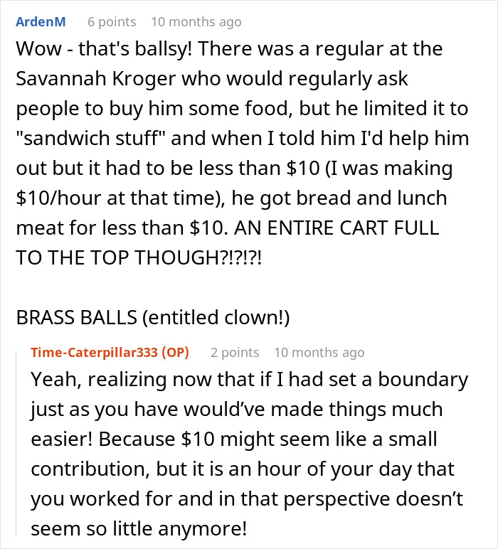 Comment thread discussing a man asking a stranger to pay for groceries then loading up his cart fully.