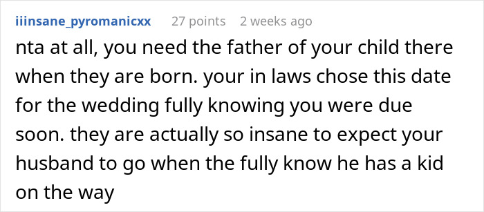 Comment discusses a mom-to-be's request for her husband to skip a sister's wedding due to the proximity to her due date.