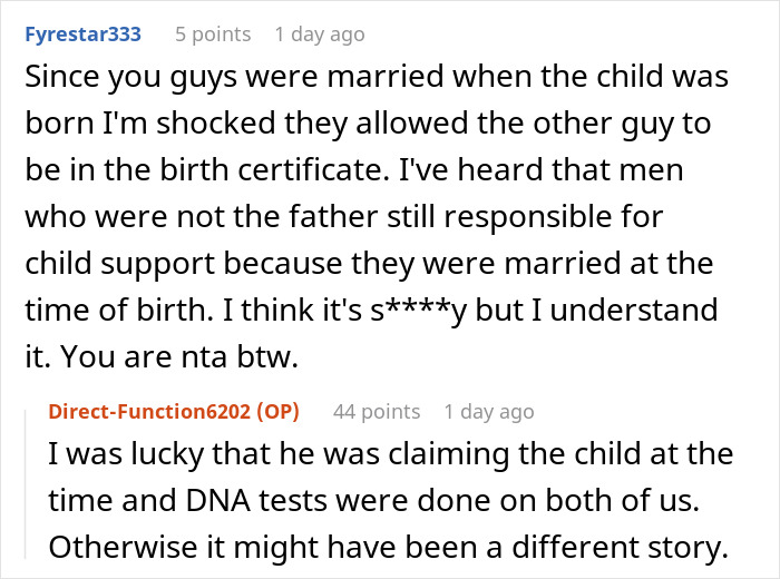 Discussion about responsibility for child from partner's affair on Reddit thread. Discussion about responsibility for child from partner's affair on Reddit thread.