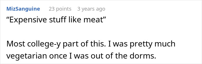 Reddit comment about expensive meat and college life, referencing roommate struggles.