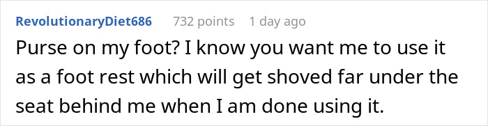 Text exchange about using a lost purse as a footrest on a plane, implying an act of revenge.