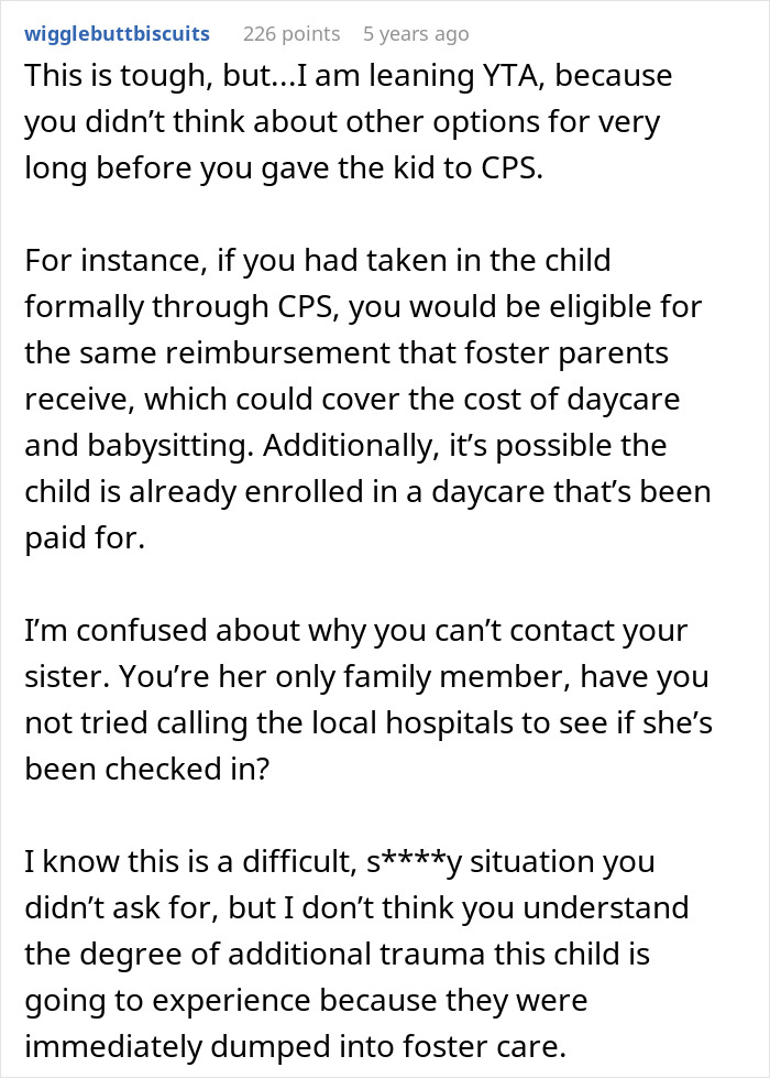 Reddit comment questioning decision to involve Child Services and suggesting alternatives.