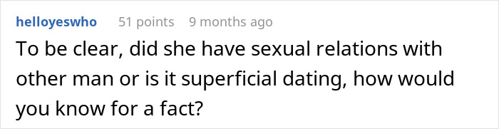 Comment discussing relationship doubts about the reason for marriage.