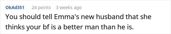 Comment about leaving a friend's wedding early, mentioning Emma's new husband and comparison with a boyfriend.