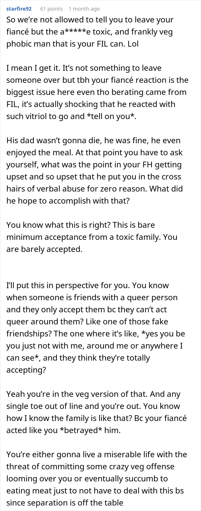 Text exchange discussing FIL's reaction to vegetarian meatballs and relationship advice.