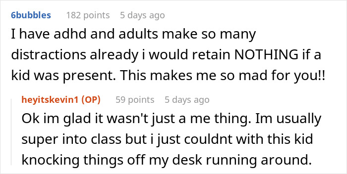 Comments discussing distractions caused by a child running and knocking things off in a college setting.