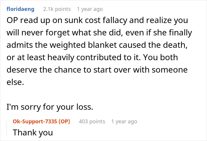 Reddit comment discussing weighted blanket injury to a dog, with condolences and relationship advice.