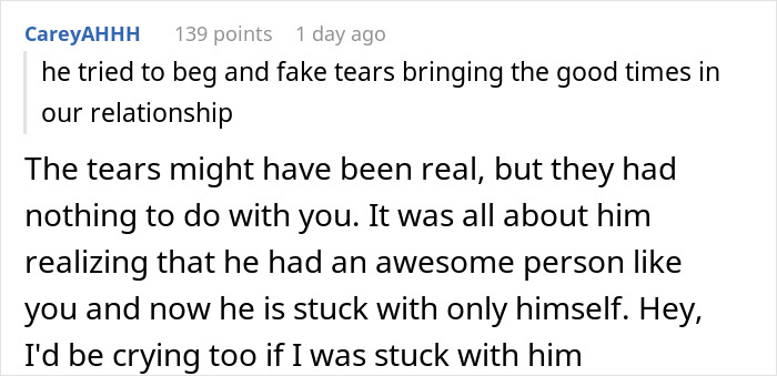Reddit comment discussing relationship where woman gets dumped after 9 years, ex's regret after rejection.