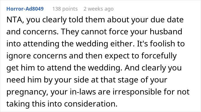 Online comment supporting a mom-to-be's concerns about her husband skipping a wedding due to her due date.