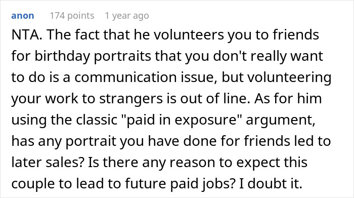 Text comment discussing volunteering art for strangers, questioning potential for paid jobs.