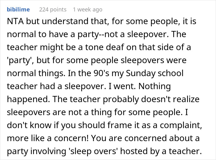 Reddit comment discussing concerns over a dance teacher&rsquo;s sleepover invite for students.