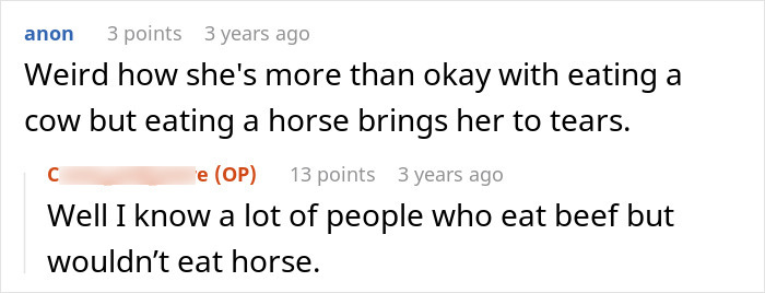 Text conversation about roommate's food choices, discussing horse meat vs beef.