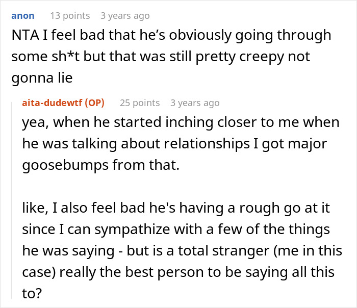 Reddit comments discuss a woman uncomfortable with a guy oversharing, highlighting boundaries in non-therapeutic settings.