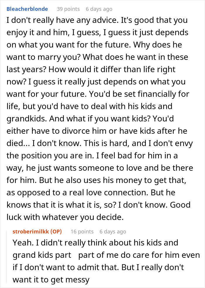 Online discussion about a sugar daddy's marriage proposal, addressing future concerns and emotions.