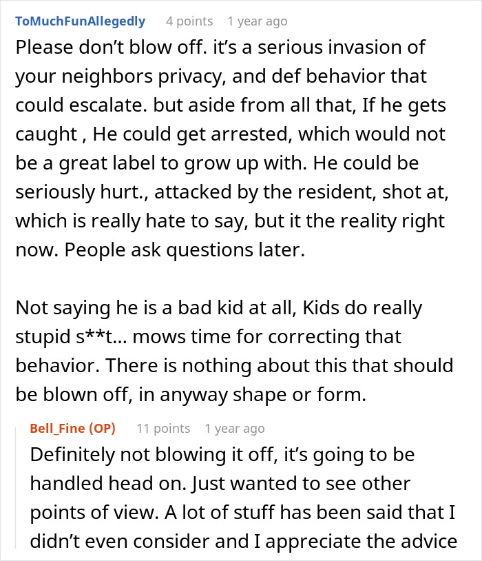Reddit comments discussing a dad catching teen son creeping around neighbor&rsquo;s yard and the wife&rsquo;s defense.