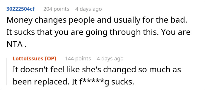 Comments on sharing lotto winnings, discussing relationship changes.