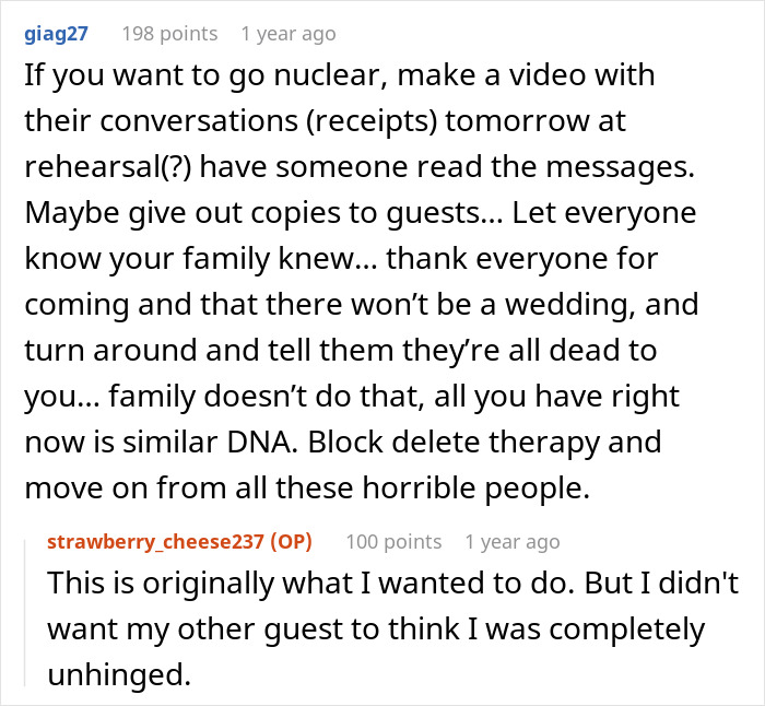 Reddit thread discussing a bride revealing her fianc&eacute;&rsquo;s affair with her best friend, leading to family chaos.