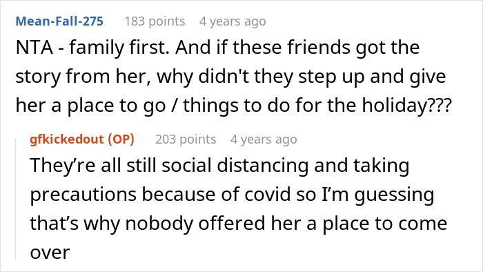 Online conversation about a woman being kicked out on New Year’s, discussing family and social distancing due to COVID. Online conversation about a woman being kicked out on New Year’s, discussing family and social distancing due to COVID.