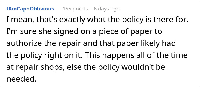 Comment discussing a student shocked by a laptop sale due to repair policy compliance.