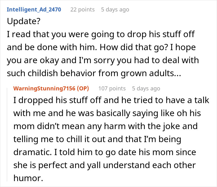 Reddit conversation discussing couple breakup after guy&rsquo;s mom jokingly stole girlfriend&rsquo;s seat to separate them.
