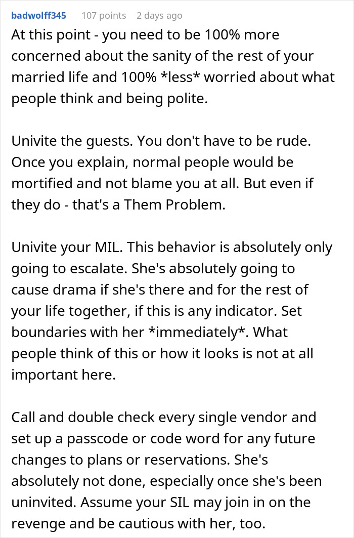 Text suggesting advice for dealing with MIL drama after honeymoon cancellation incident.