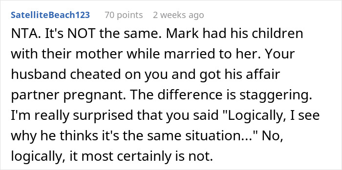Reddit comment discussing a man's affair and his wife refusing to raise the affair baby.