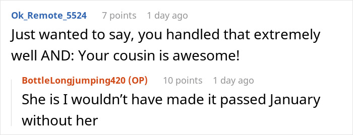 Text exchange about handling a breakup well, highlighting support from a cousin.