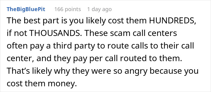 Scam call center cost explained in a comment, highlighting financial impact and call routing details.