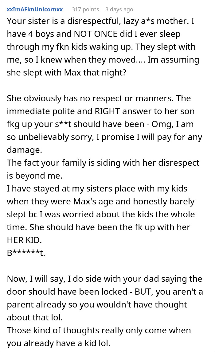 Angry comment about family drama and damages after hosting sister and nephew.