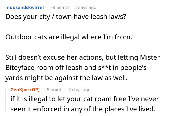 Reddit comments discussing leash laws for cats and neighbor's actions, referring to cat poisoning incident.