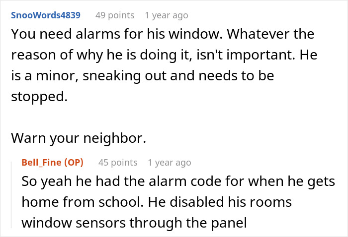 Reddit comments discussing a dad catching teen son creeping around neighbor&rsquo;s yard and concerns about alarms and security.